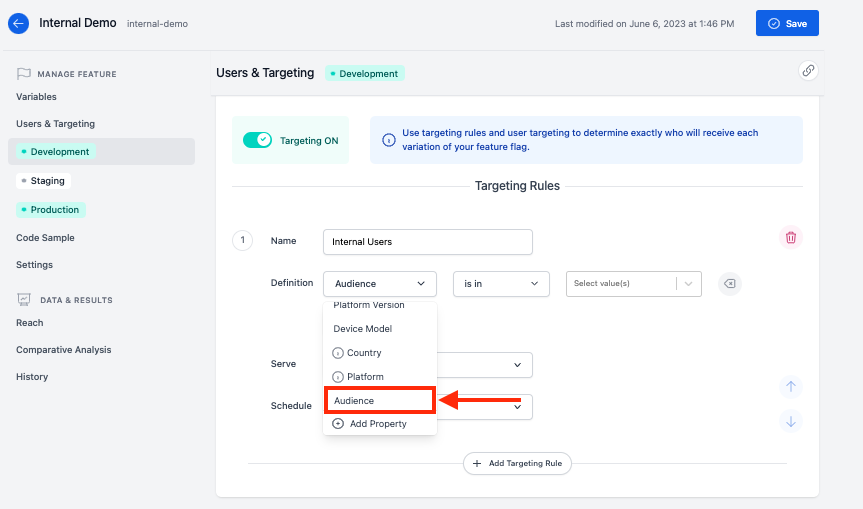 Audience Targeting Rule User Property Dropdown